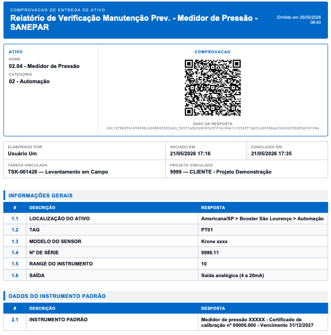 Checklist do ativo exportado: QR Code de auditoria e evidências