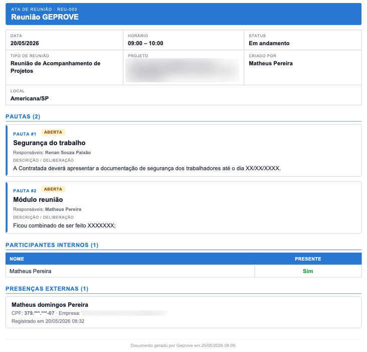 Ata de reunião exportada em PDF com participantes e assinaturas