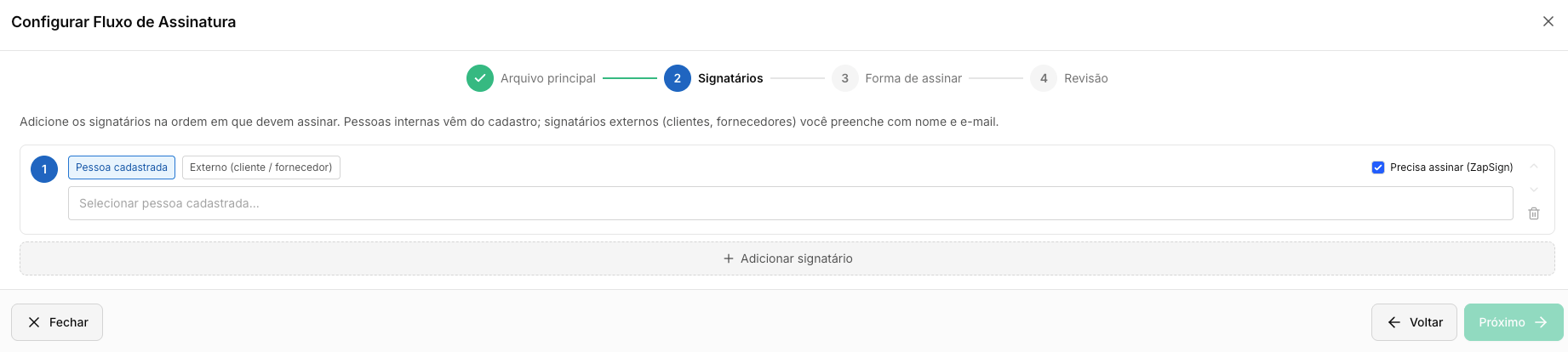 Assinatura digital integrada via ZapSign: signatários e ordem