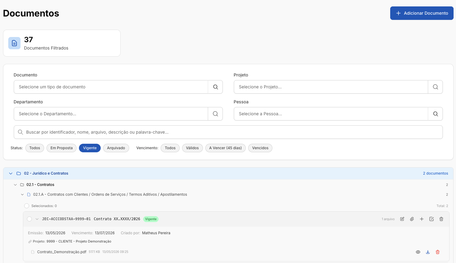 Portal de documentos do projeto com filtros e árvore de pastas