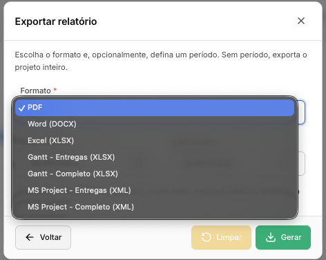 Exportação de relatório do projeto em qualquer período