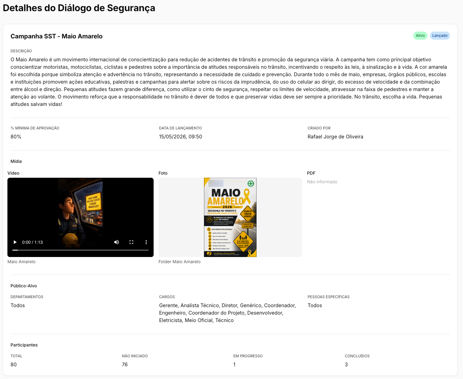 Diálogo de segurança com vídeo, leitura obrigatória e conteúdo