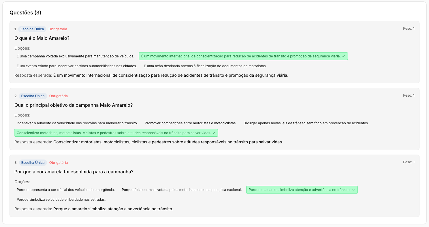 Questões do diálogo com pontuação e nota mínima de aprovação