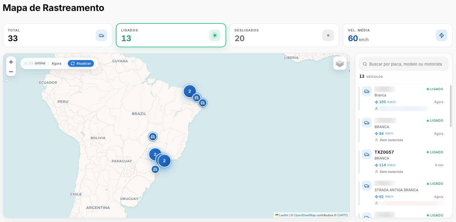 Mapa de rastreamento com frota em tempo real