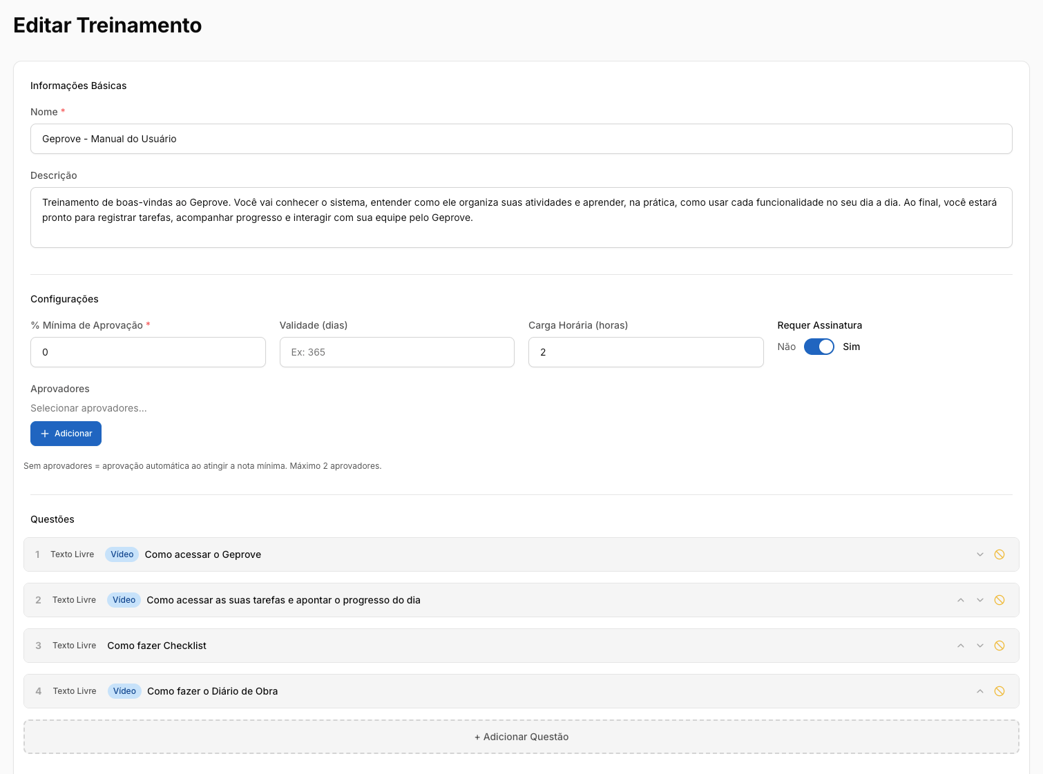 Cadastro do treinamento com vídeo, questionário e participantes